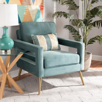 Baxton Studio TSF-6729-Light BlueGold-CC Baxton Studio Leland Glam and Luxe Light Blue Velvet Fabric Upholstered and Gold Finished Armchair